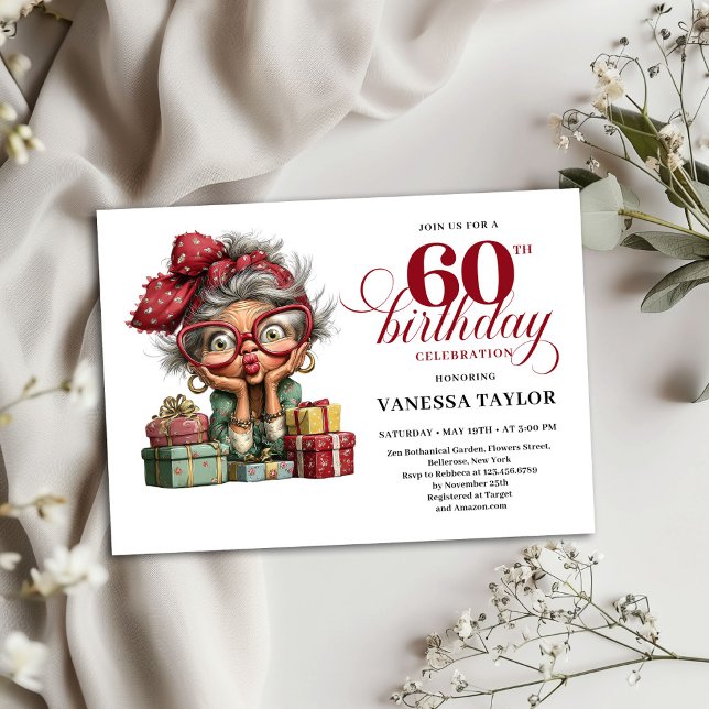 Invitation de fête d'anniversaire soixante ans drô (Funny Old Lady Sixty Birthday Invitation Party Card)