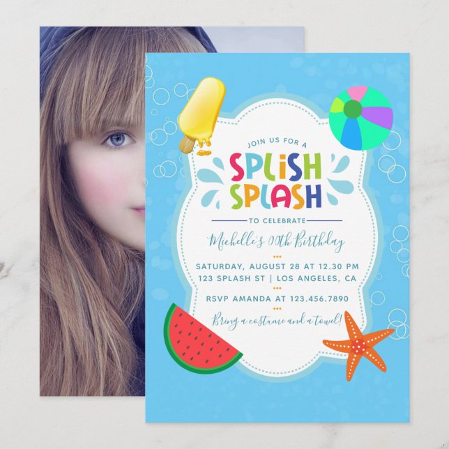 Invitation de fête d'anniversaire Splish Splash Aj (Devant / Derrière)