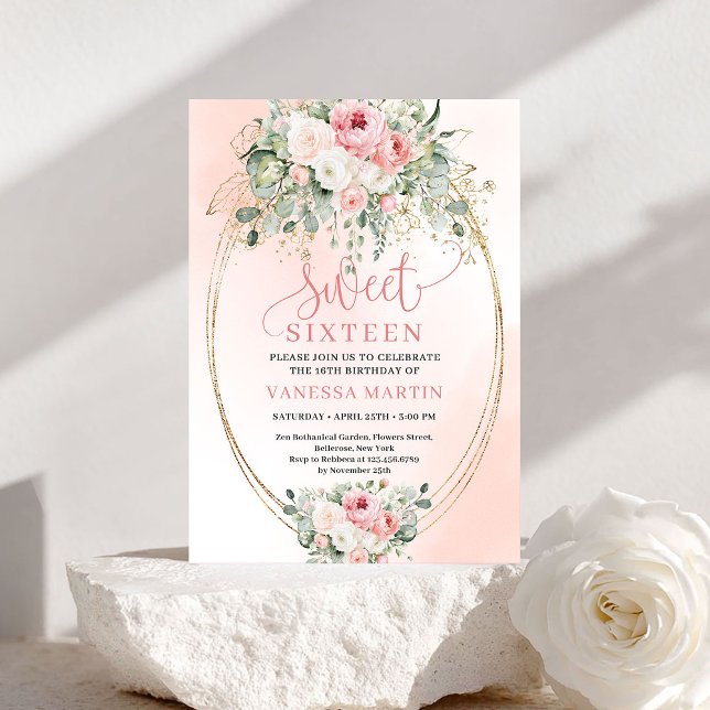 Invitation de fête d'anniversaire Stylée Blush Gol (Stylish Blush Gold Sweet 16 Birthday Party Invitation)