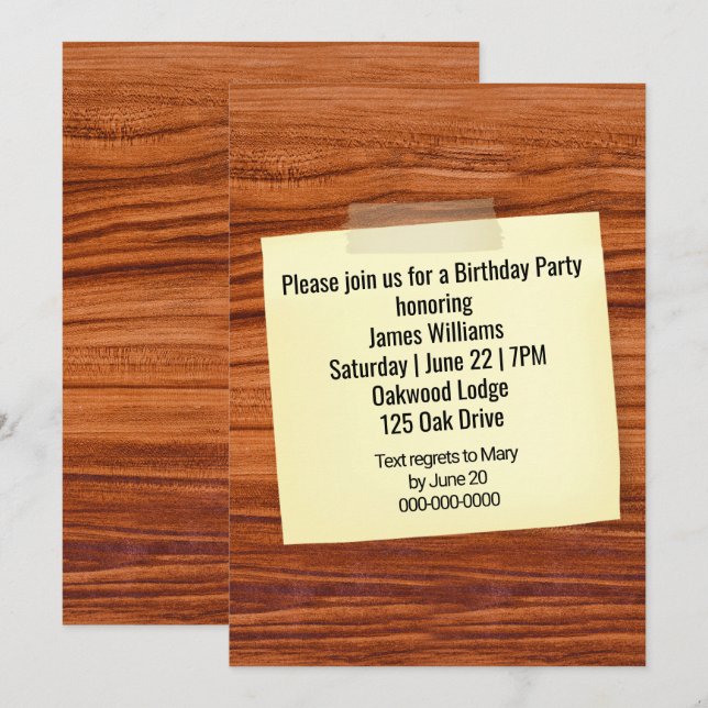Invitation De Fête D'Anniversaire Tapé Sur Bois (Devant / Derrière)