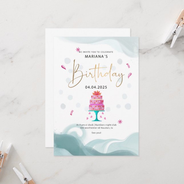 Invitation de fête d'anniversaire | Thème gâteau r (Devant/Arrière en situation)