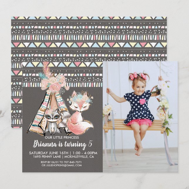 Invitation de fête d'anniversaire Tribal Bohème Fé (Devant / Derrière)
