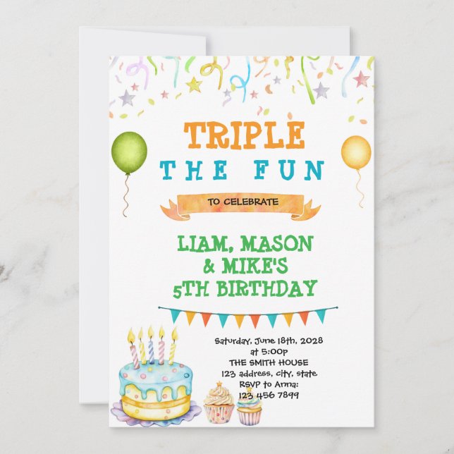 Invitation de fête d'anniversaire triple (Devant)