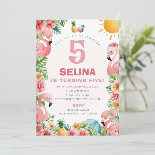 Invitation de fête d'anniversaire tropicale Flaman (Debout devant)