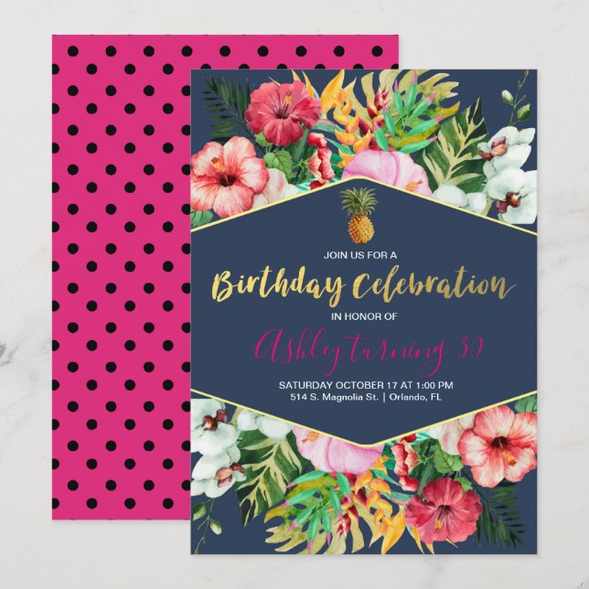 Invitation de fête d'anniversaire tropicale rose e (Devant / Derrière)
