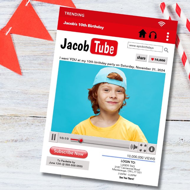 Invitation de fête d'anniversaire Tube Photo (Become a social media star for the day with this Youtube inspired birthday invitation.)