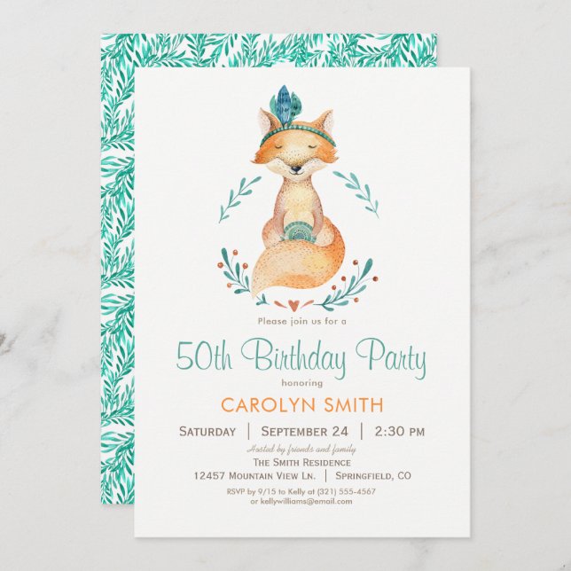 Invitation de fête d'anniversaire turquoise et ora (Devant / Derrière)