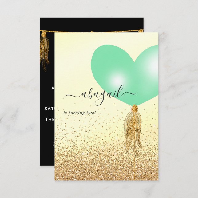 Invitation de fête d'anniversaire verte et or et r (Devant / Derrière)