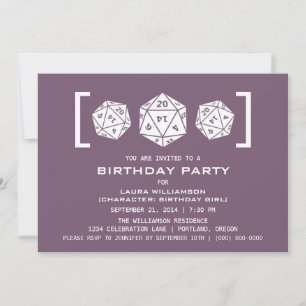 Invitation de fête d'anniversaire violet D20 Dice 