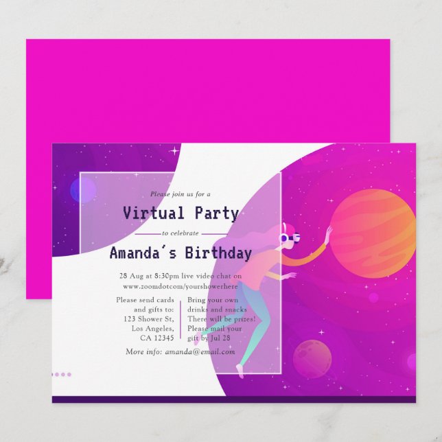 Invitation de fête d'anniversaire virtuelle rose v (Devant / Derrière)