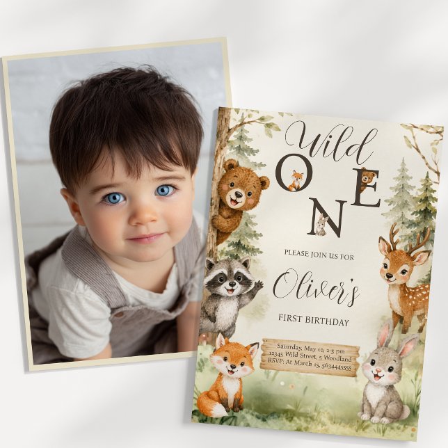Invitation de fête de 1er anniversaire Watercolor  (Watercolor Rustic Woodland Wild One 1st Birthday Photo Invitation)