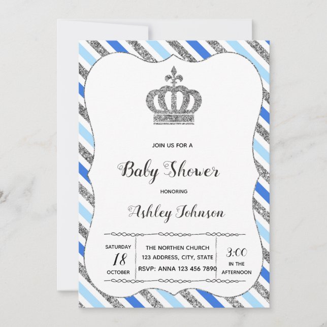 Invitation de fête de baby shower bébé bleu et arg (Devant)
