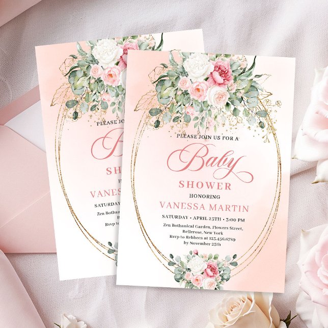 Invitation de fête de Baby Shower pour fille aux r (Pretty Blush Rose Girl Baby Shower Party Invitation)