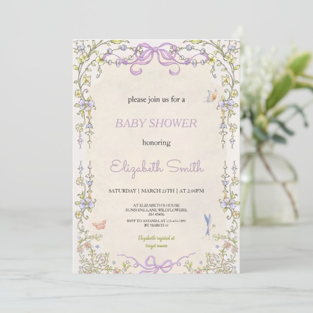 Invitation de fête de baby shower violet floral (Debout devant)