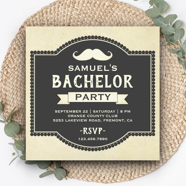Invitation de fête de bachelor à moustache rustiqu (Créateur téléchargé)