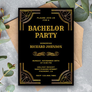 Invitation de fête de bachelor Art Déco Or Noir