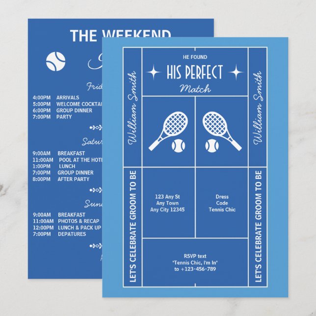 Invitation de fête de bachelor de tennis bleu (Devant / Derrière)