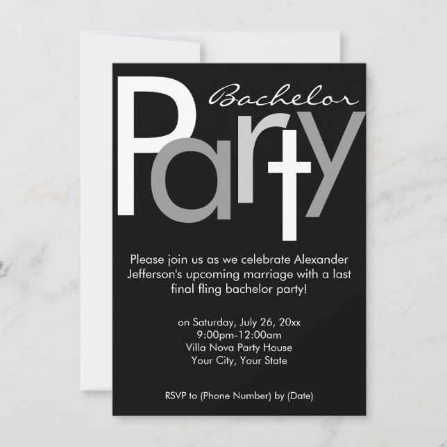 Invitation de fête de Bachelor en gris typographiq (Devant)