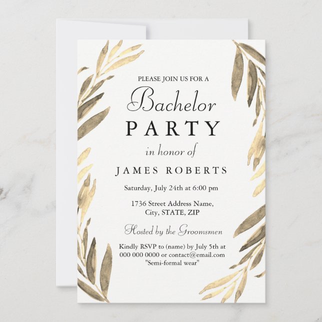 Invitation de fête de Bachelor moderne à feuille d (Devant)