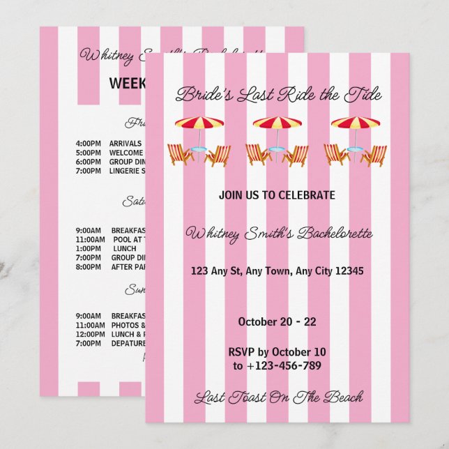 Invitation de fête de bachelorette à la plage Pink (Devant / Derrière)