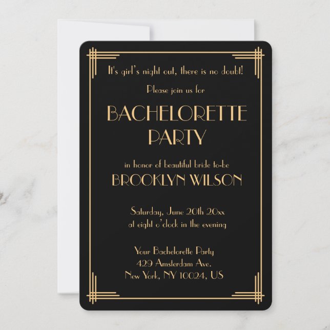 Invitation de fête de Bachelorette Art Déco Black  (Devant)