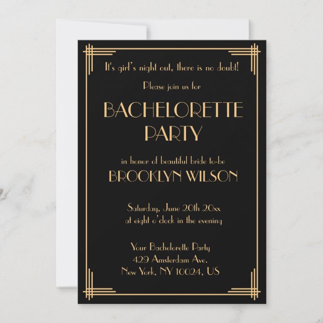 Invitation de fête de bachelorette Art Déco Black  (Devant)