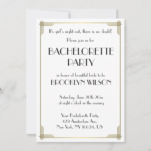 Invitation de fête de Bachelorette Art Déco Blanch (Devant)