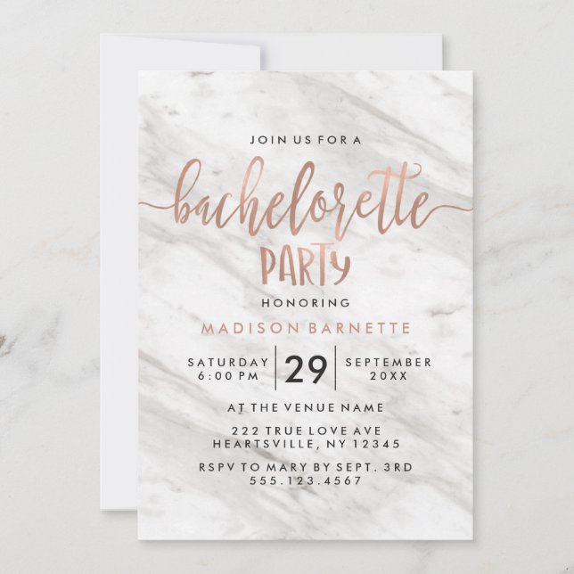 Invitation de fête de Bachelorette en marbre et or (Devant)