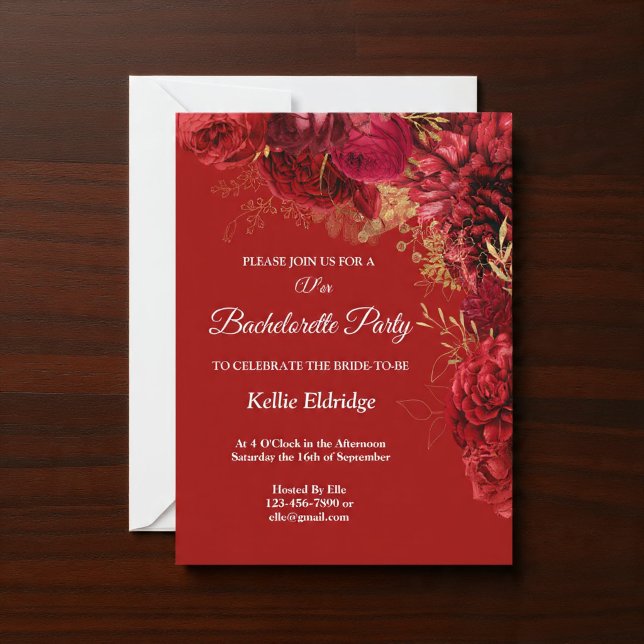Invitation de fête de bachelorette florale rouge e (Créateur téléchargé)