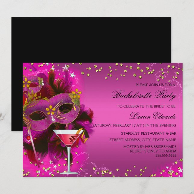 Invitation de fête de bachelorette Masque à plumes (Devant / Derrière)
