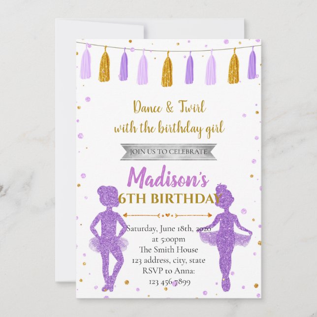 Invitation de fête de ballerine violette dorée (Devant)