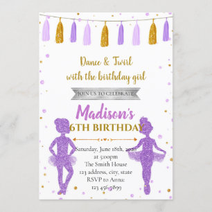 Invitation de fête de ballerine violette dorée