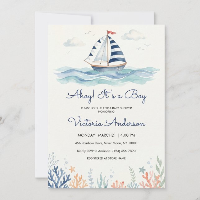 Invitation de fête de bébé garçon Ahoy | Aquarelle (Devant)