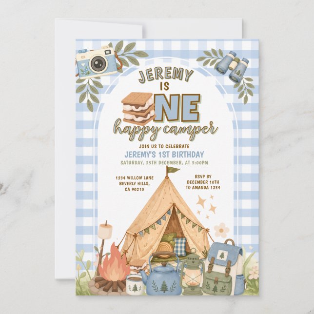 Invitation de fête de camping Blue S'mores pour ga (Devant)
