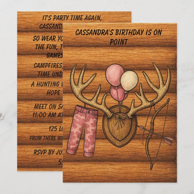 Invitation de fête de chasse pour filles à télécha (Devant / Derrière)
