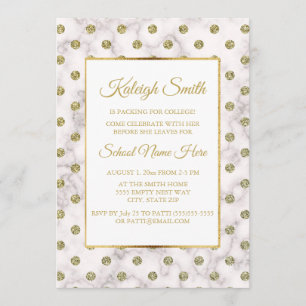Invitation de fête de coffre à pois blanc et or