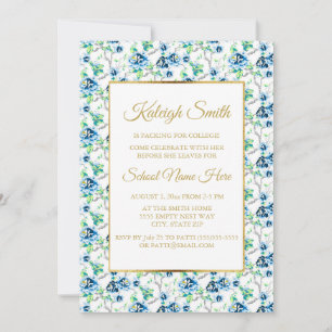 Invitation de fête de coffre floral bleu blanc or