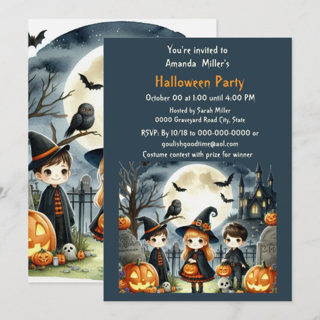 Invitation de fête de costume d'Halloween pour enf (Devant / Derrière)