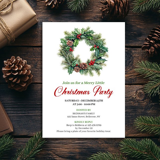 Invitation de fête de couronne de Noël à l'aquarel (Elegant Watercolor Christmas Wreath Party Invite)