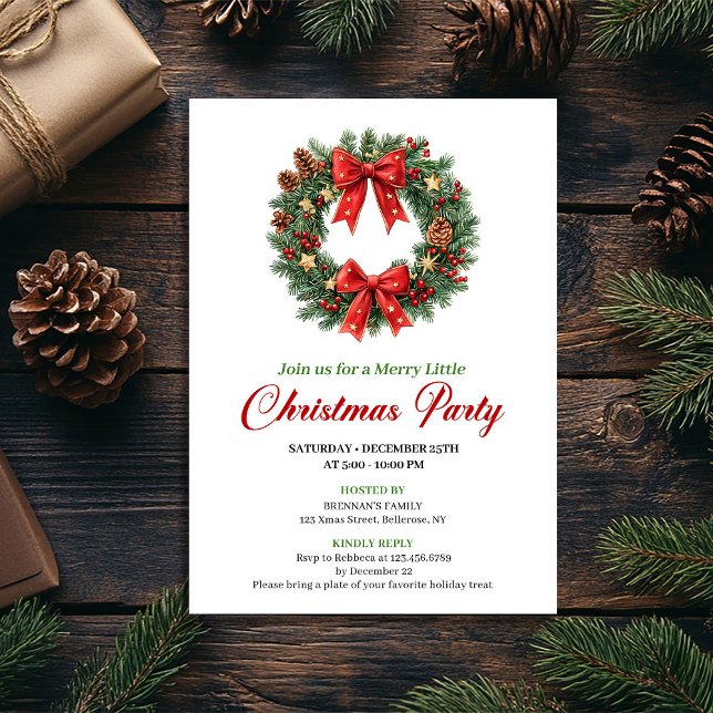 Invitation de fête de couronne de Noël moderne cla (Modern Classic Christmas Wreath Party Invitation)
