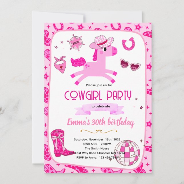 Invitation de fête de cowgirl Pink Pony (Devant)