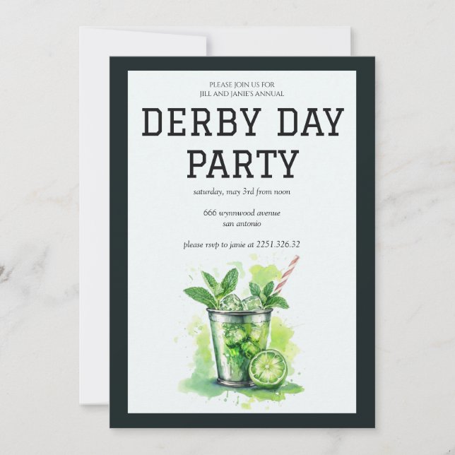 Invitation de fête de Derby Day Mint Julep Kentuck (Devant)