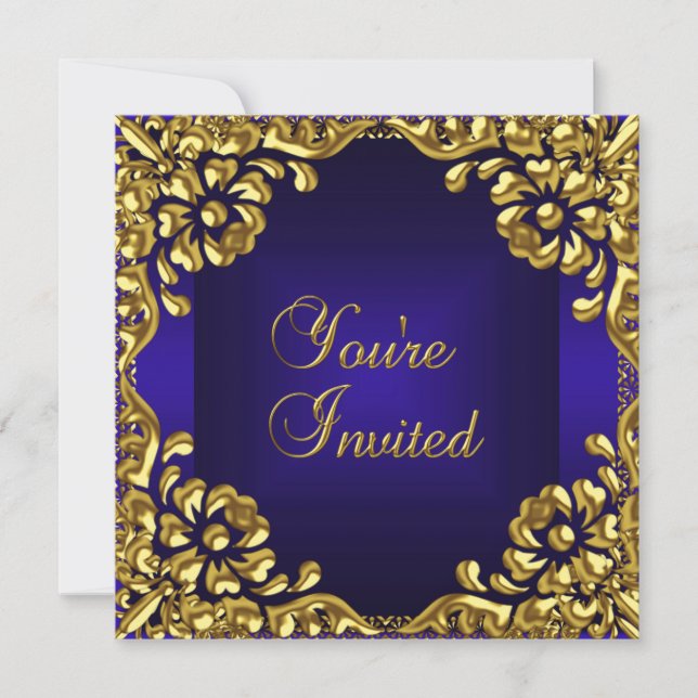 Invitation de fête de design classe or bleu royal (Devant)
