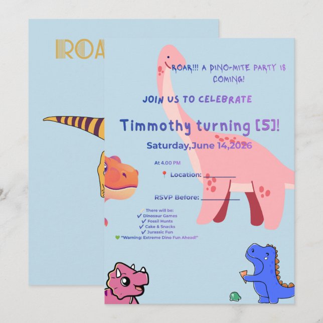 Invitation de fête de dinosaure Little Explorer |  (Devant / Derrière)