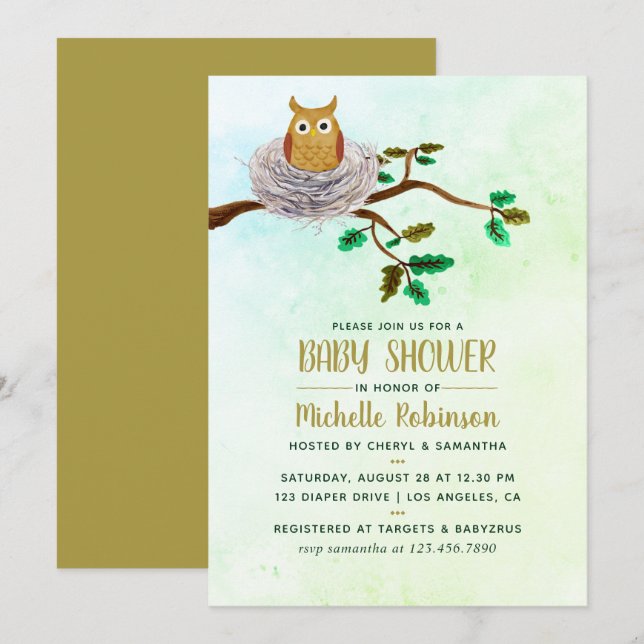 Invitation de fête de douche de bébé chouette aqua (Devant / Derrière)