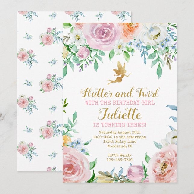 Invitation de fête de fée florale, Invitation de f (Devant / Derrière)