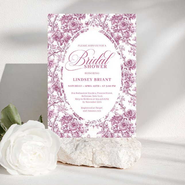 Invitation de Fête de Fiançailles Élégante aux Ros (Elegant Dusty Pink Toile Roses Bridal Shower Invite)