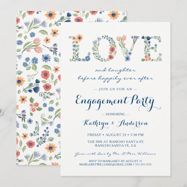 Invitation de fête de fiançailles Floral Love (Devant / Derrière)