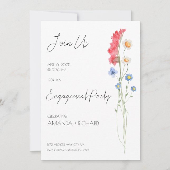 Invitation de fête de fiançailles, floral minimali (Devant)