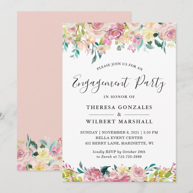 Invitation de fête de fiançailles florale rose pas (Devant / Derrière)